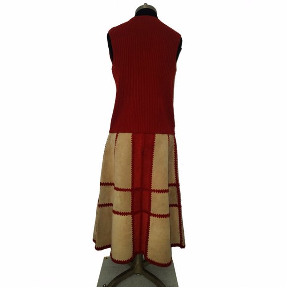 Vtg 70s Two Tone Suede Leather Patchwork Skirt Vest Set 5/6 - Picture 5 of 11